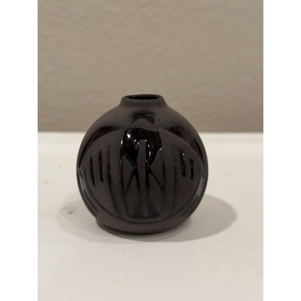 Vintage Signed Blackware Pottery 2.5 Inch Tall Miniature Seed Vase Carved Art